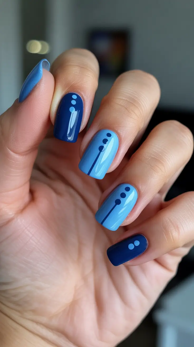 minimalist spring nails for work 2026 + Navy And Sky Blue Linework Dots That Feel Like Quiet Confidence