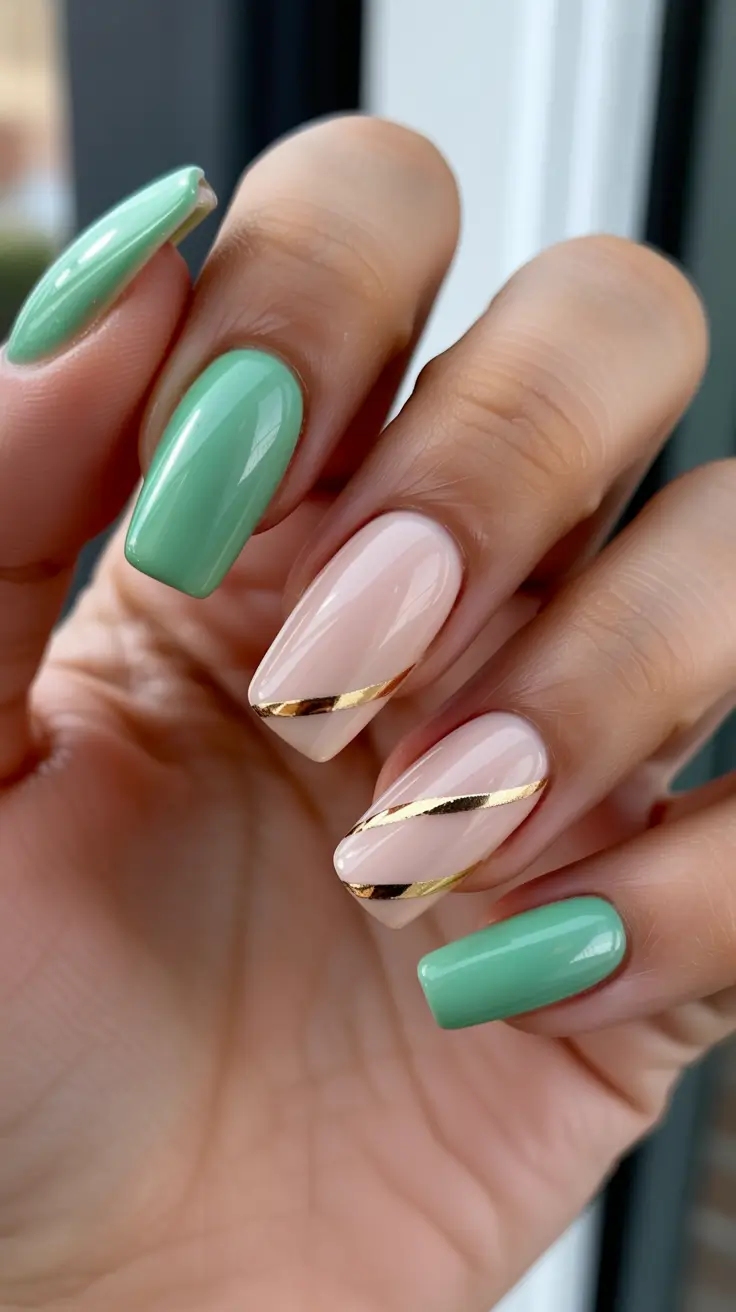 minimalist spring nails for work 2026 + Sage Green And Nude With A Thin Gold Diagonal Detail
