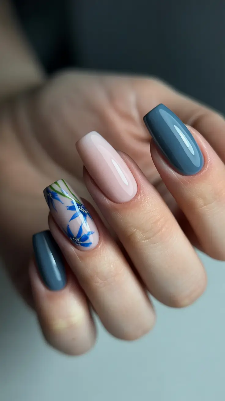 minimalist spring nails for work 2026 Slate Blue Solids With A Single Botanical Accent