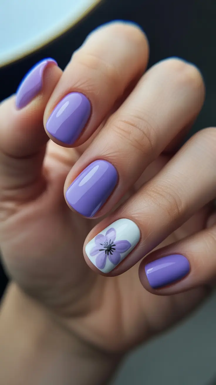minimalist spring nails for work 2026 Lavender Gloss With One Clean Floral Statement