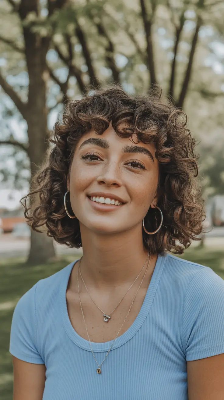 chic spring shag hairstyles inspiration 2026 + Curly Short Shag Bob With Baby Bangs And Spring-Day Bounce