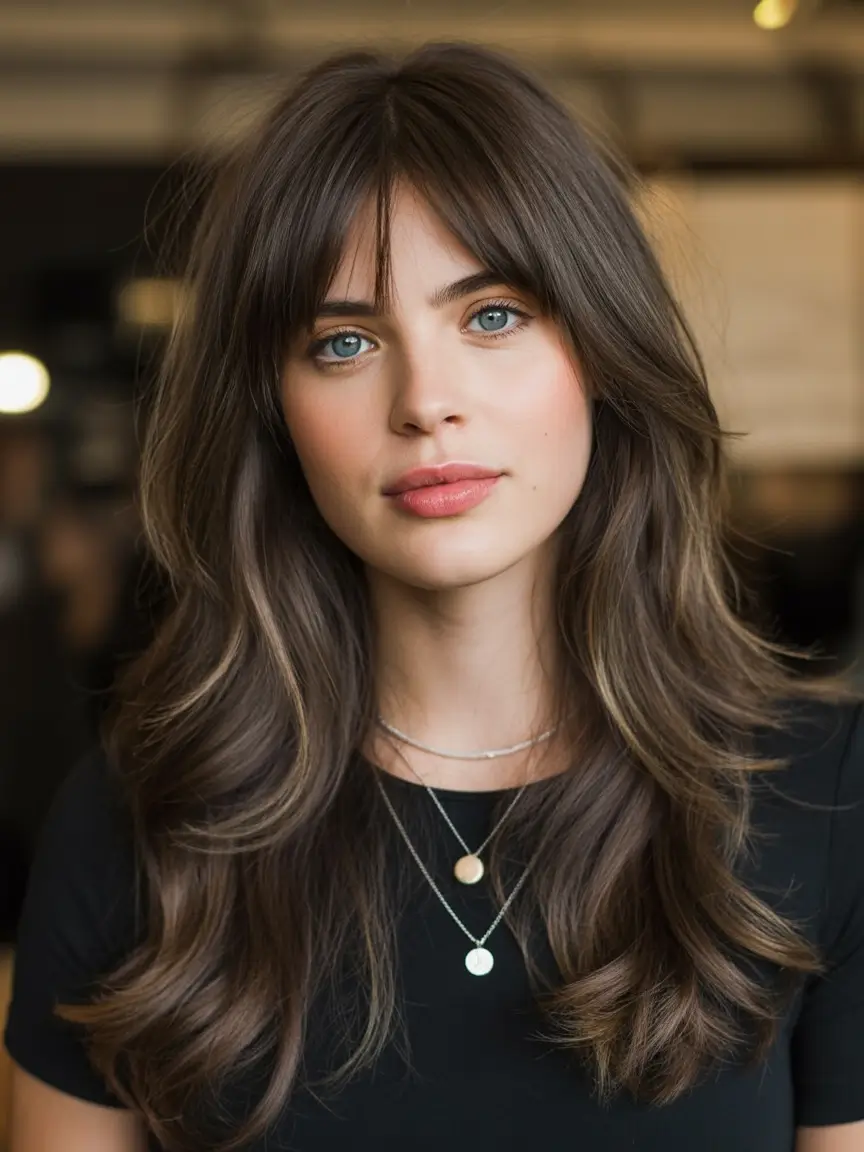 chic spring shag hairstyles inspiration 2026 + Modern Mocha Long Shag With Soft Fringe