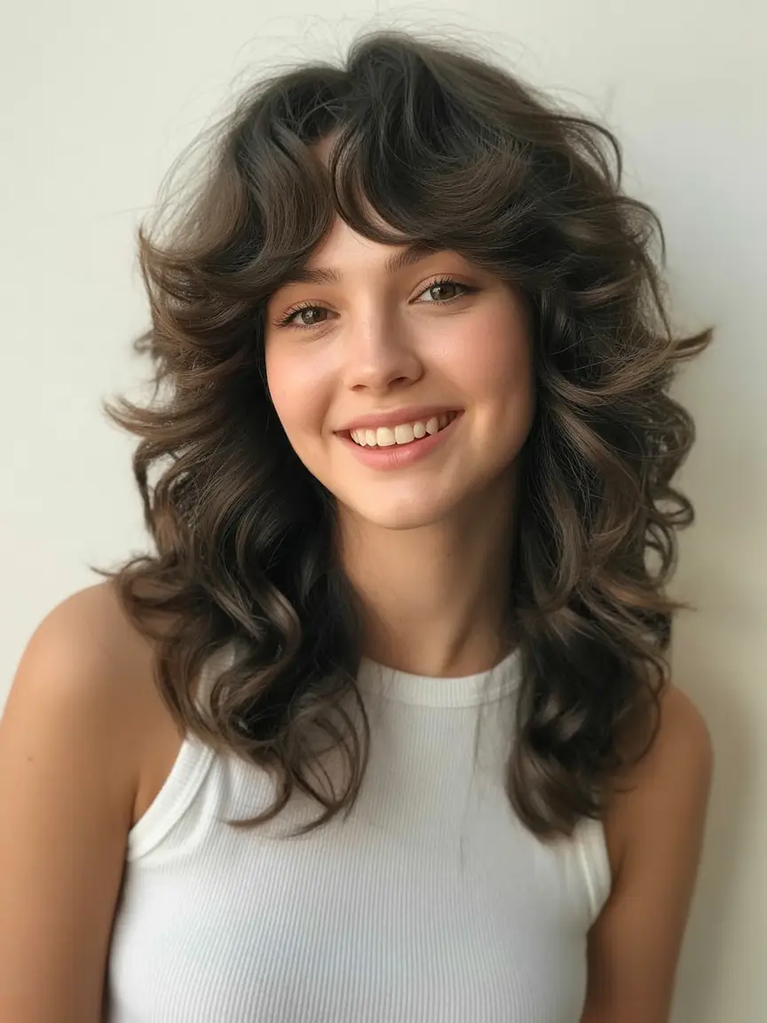 chic spring shag hairstyles inspiration 2026 + Big Soft Curly Shag With Bouncy Curtain Shape