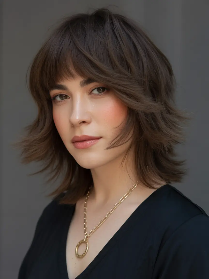 chic spring shag hairstyles inspiration 2026 + Short Shag Bob With Feathered Sides And Classic Fringe