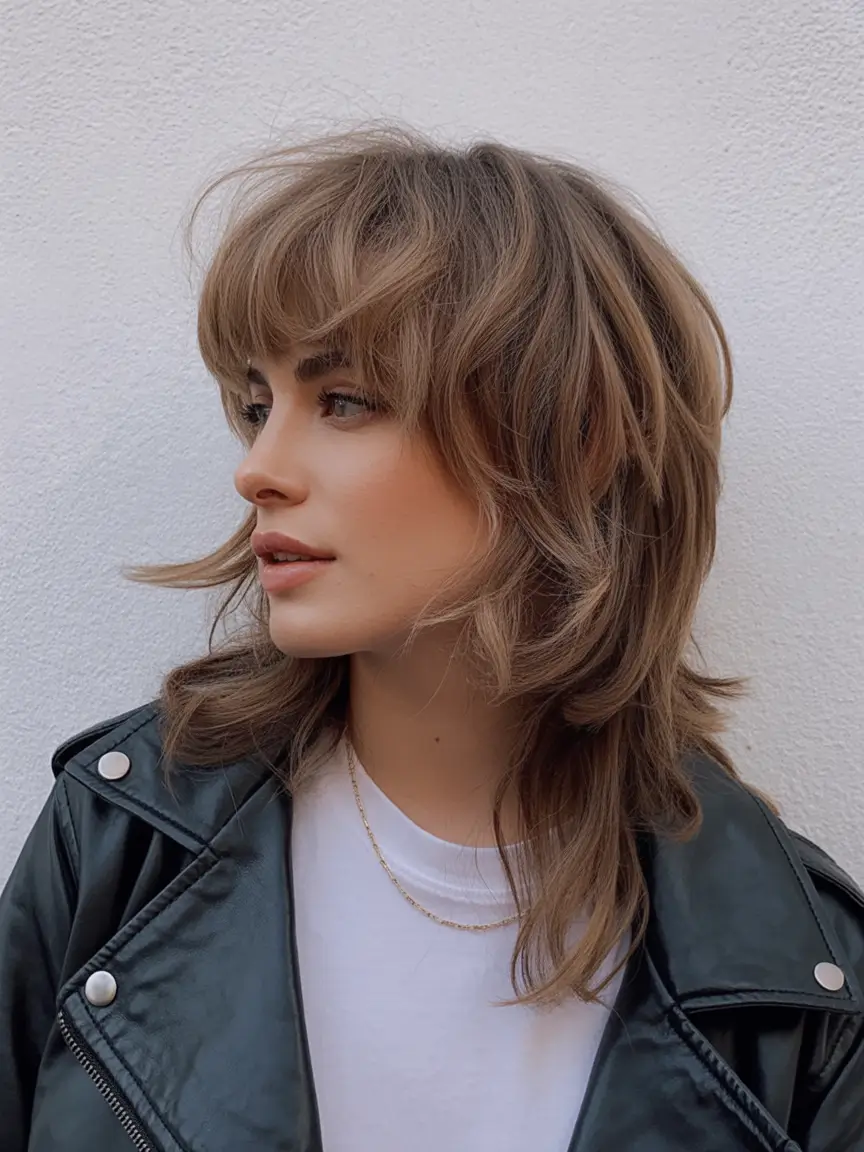 chic spring shag hairstyles inspiration 2026 + Medium Shag With Warm Brunette Depth And Bouncy Fringe