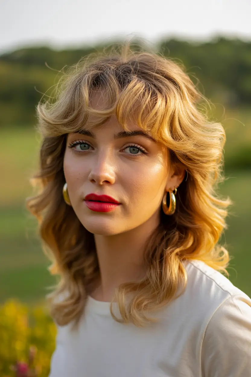 chic spring shag hairstyles inspiration 2026 + Golden Meadow Shag With Breezy Curtain Bangs