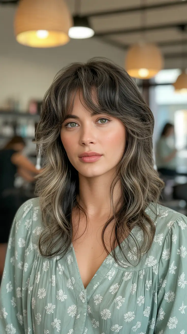 chic spring shag hairstyles inspiration 2026 + Medium Straight Shag With Glossy Dimension And Airy Curtain Bangs