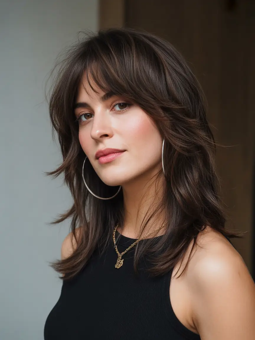 chic spring shag hairstyles inspiration 2026 + Medium Shag With Wispy Bangs And Flippy Layers
