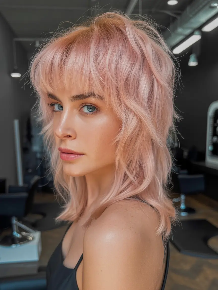 chic spring shag hairstyles inspiration 2026 + Short Pastel Pink Shag With Full Fringe And Soft Texture