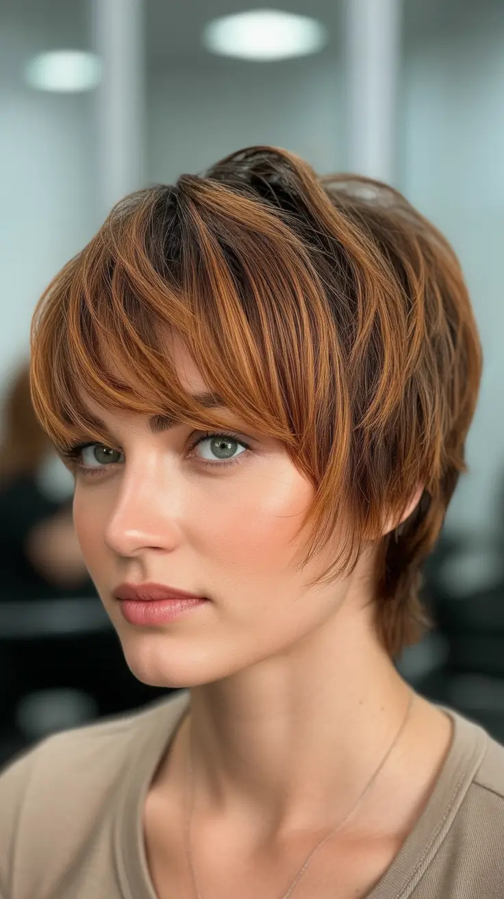 chic spring shag hairstyles inspiration 2026 + Copper Bixie Shag With Soft Side Pieces
