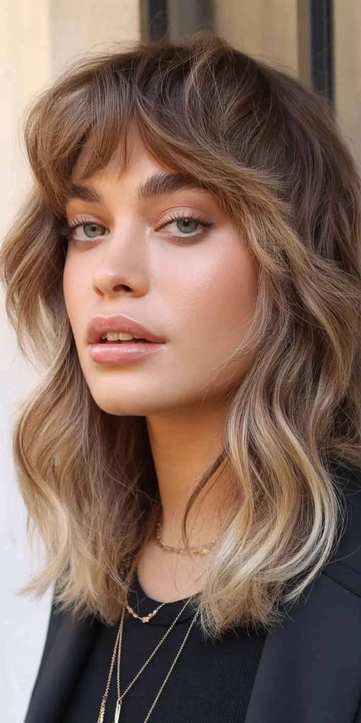 chic spring shag hairstyles inspiration 2026 + Soft Bronde Shag With Curtain Bangs And Airy Movement
