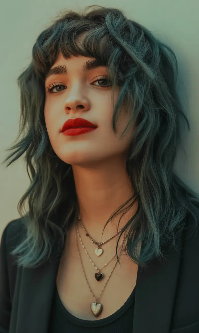 chic spring shag hairstyles inspiration 2026 + Moody Teal Medium Shag With Rocker Texture And Fringe