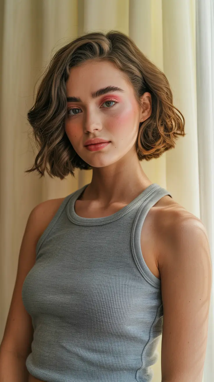 spring short haircuts 2026 Chin-Length Wavy Brunette Bob with Natural Texture