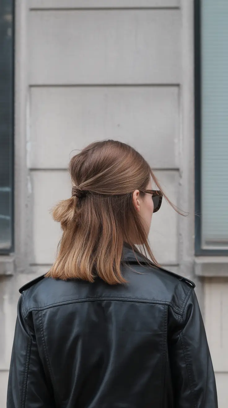 chic spring straight hairstyles for 2026 + Half-Up Twist On A Medium Straight Bob With Leather Jacket Energy