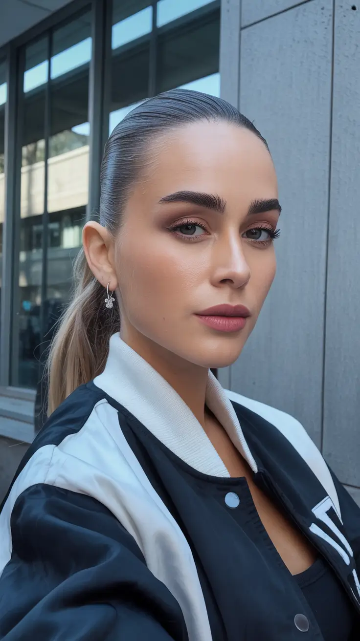 chic spring straight hairstyles for 2026 + Slick Low Ponytail With Sporty Jacket Minimalism