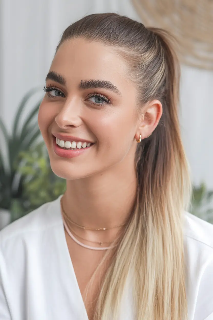 chic spring straight hairstyles for 2026 + High Ponytail With Blonde Ombre And Bright Spring Energy