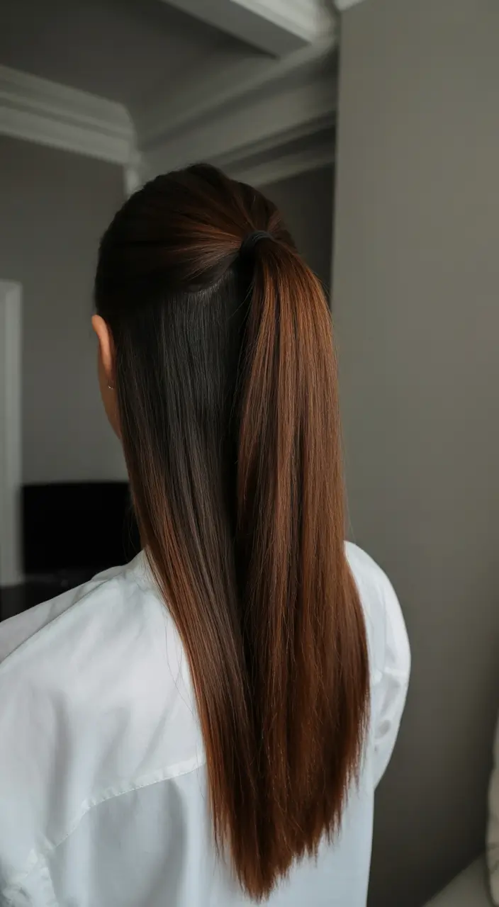 chic spring straight hairstyles for 2026 + Glossy Half-Up Pony With Rich Brunette Length