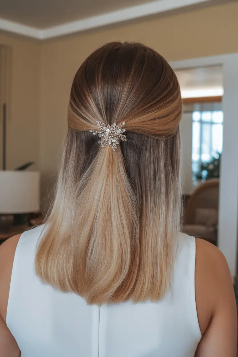 chic spring straight hairstyles for 2026 + Half-Up Clip With Champagne Blonde Dimension