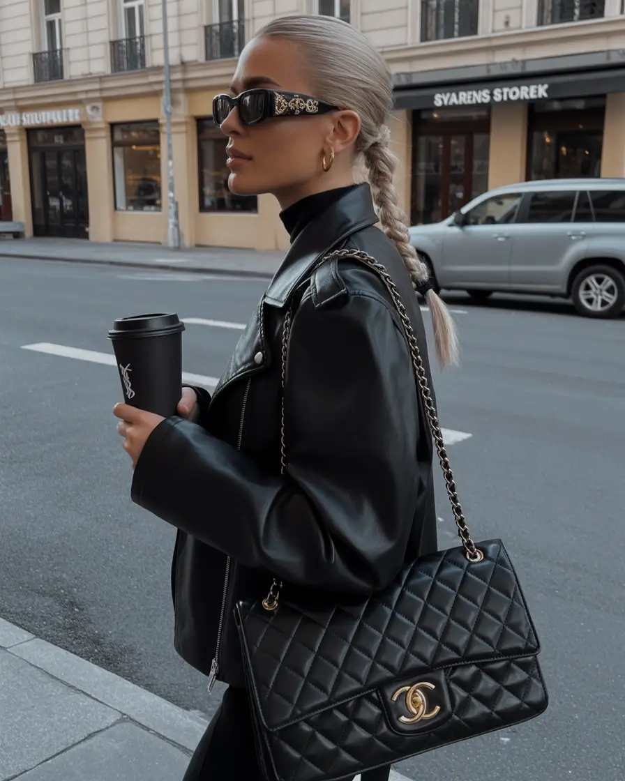 chic spring straight hairstyles for 2026 + City-Sleek Braided Ponytail With A Leather Jacket Edge