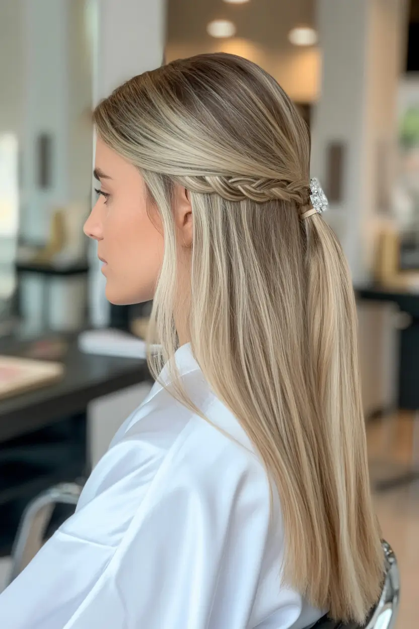 chic spring straight hairstyles for 2026 + Half-Up Braid Band With Soft Blonde Shine