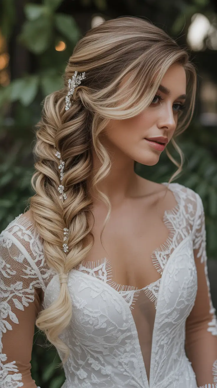 modern spring wedding hairstyles trends 2026 + Side-Swept Fishtail With Sparkle Threads