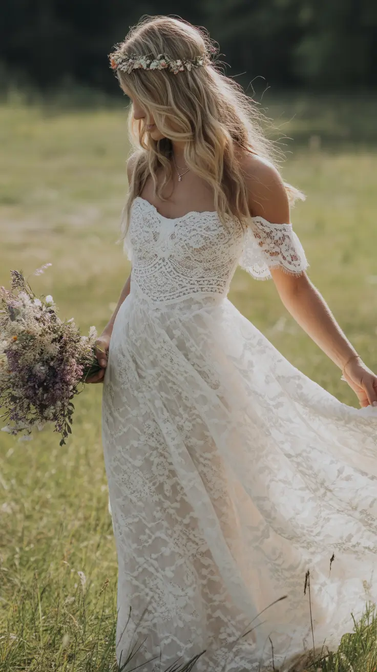 modern spring wedding hairstyles trends 2026 Boho Crown Waves For A Sunlit Meadow Ceremony