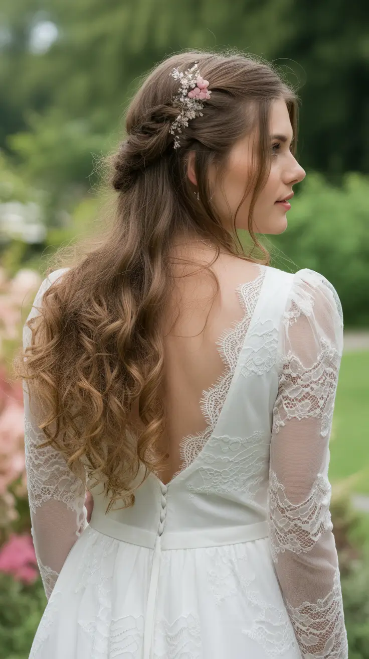 modern spring wedding hairstyles trends 2026 Soft Side-Braid Half-Up With Pink Blossom Detail