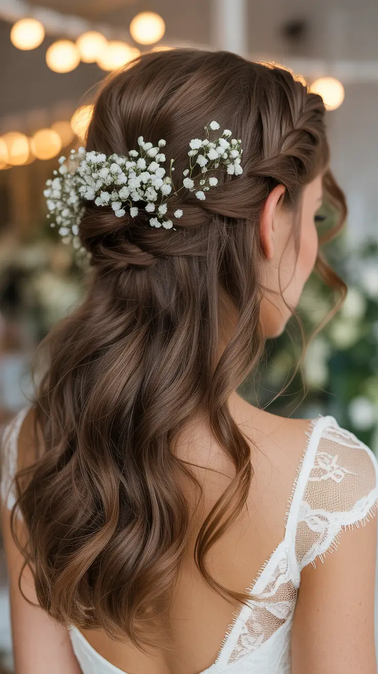modern spring wedding hairstyles trends 2026 Baby’s Breath Half-Up Twist With Glossy Loose Waves