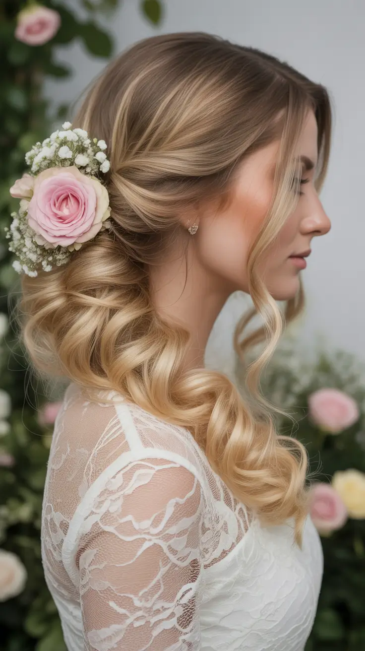 modern spring wedding hairstyles trends 2026 + Side Swept Low Updo With A Pink Rose Accent
