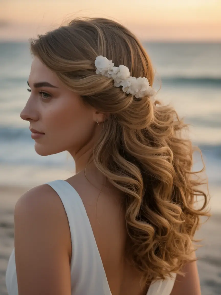 modern spring wedding hairstyles trends 2026 + Coastal Half-Up With A Soft White Blossom Barrette