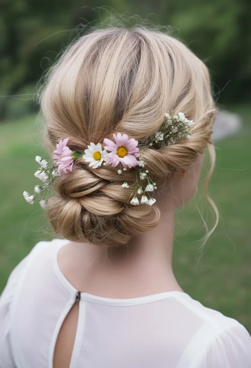 modern spring wedding hairstyles trends 2026 + Low Chignon With Daisy Details