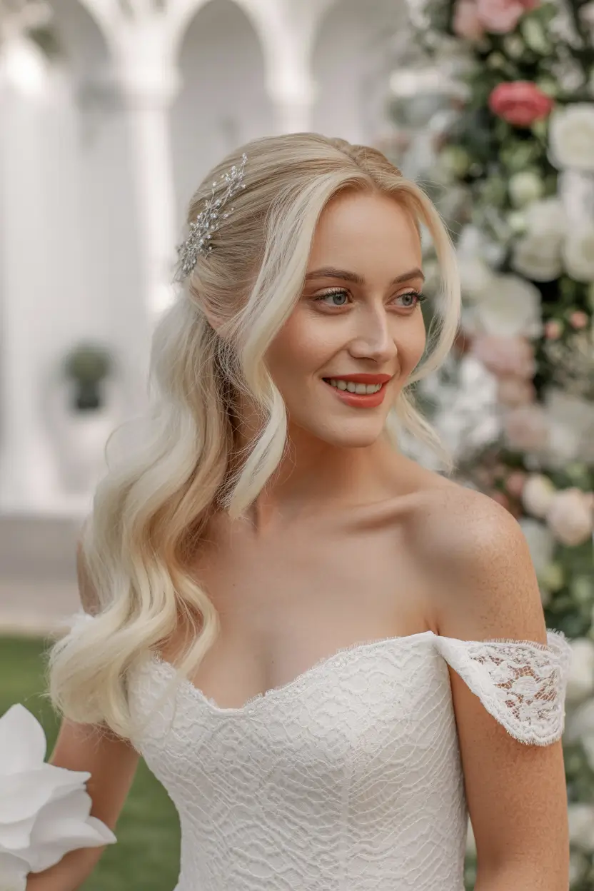 modern spring wedding hairstyles trends 2026 Modern Half-Up Waves With Airy Face Frame