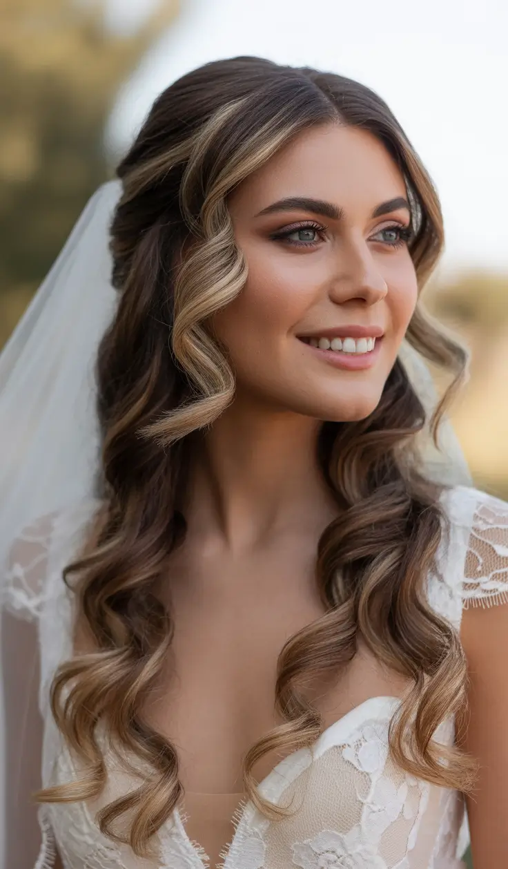 modern spring wedding hairstyles trends 2026 + Face-Framing Curls With A Polished Half-Up Veil Moment