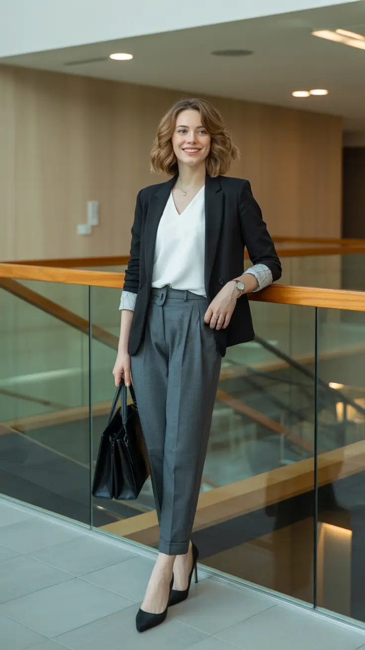 trendy spring work outfits 2026 Black Blazer With Grey Pleats And A Clean White Blouse