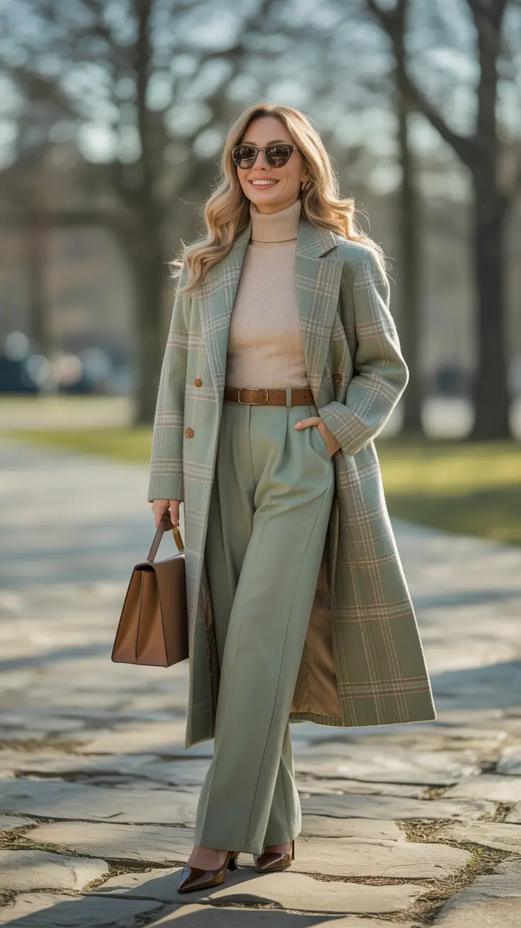 trendy spring work outfits 2026 Sage Plaid Coat For Cold Spring Commutes
