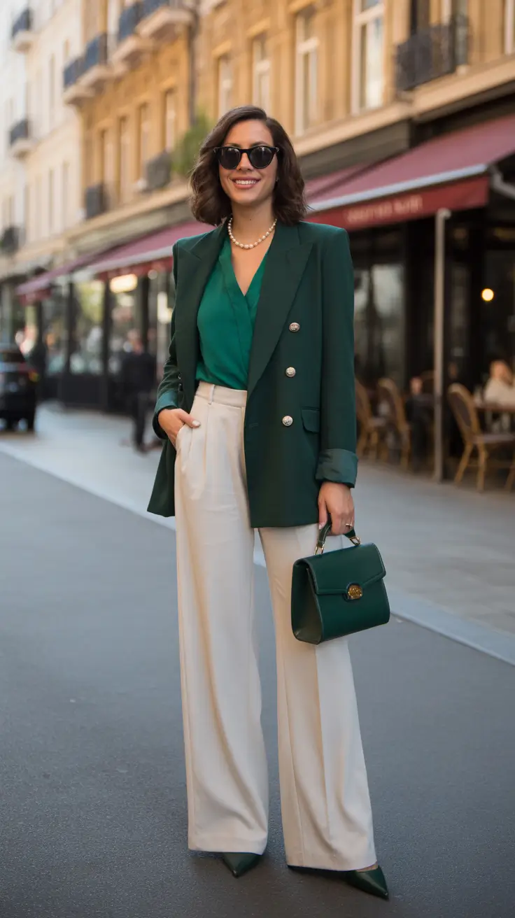 trendy spring work outfits 2026 Emerald Blouse And Forest Blazer For Office Chic Glow