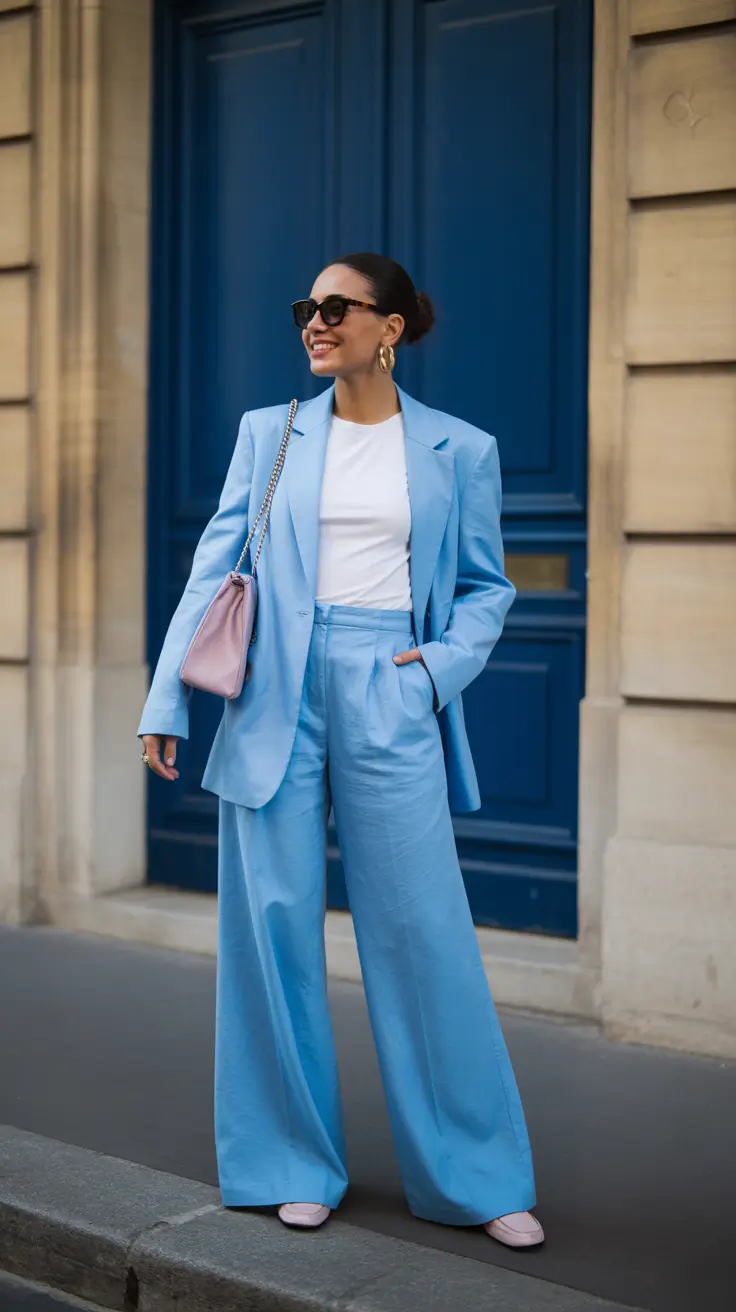 trendy spring work outfits 2026 Sky Blue Suiting That Feels Like Spring