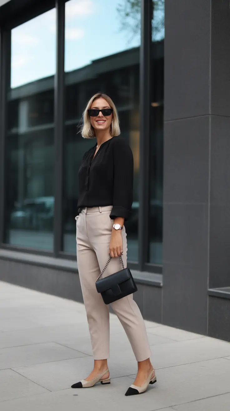 trendy spring work outfits 2026 Black Blouse And Beige Ankle Pants For Office Days