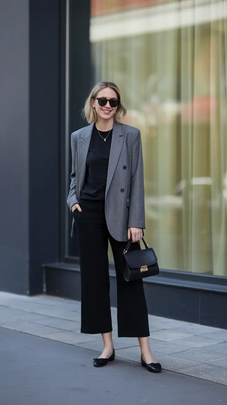 trendy spring work outfits 2026 Gray Blazer And Black Cropped Trousers Minimalism