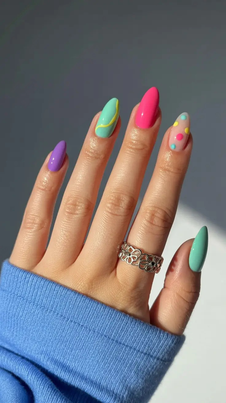 stylish colorful spring nails 2026 Graphic Pop Almond Nails With Retro Energy