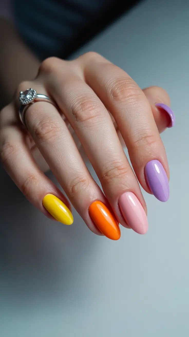 stylish colorful spring nails 2026 Juicy Candy Almond Nails With Fresh Spring Contrast