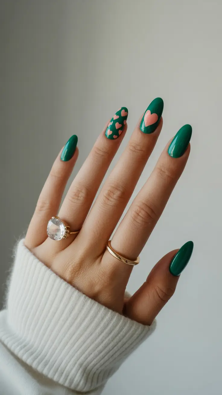 stylish early spring nails 2026 Emerald hearts playful contrast