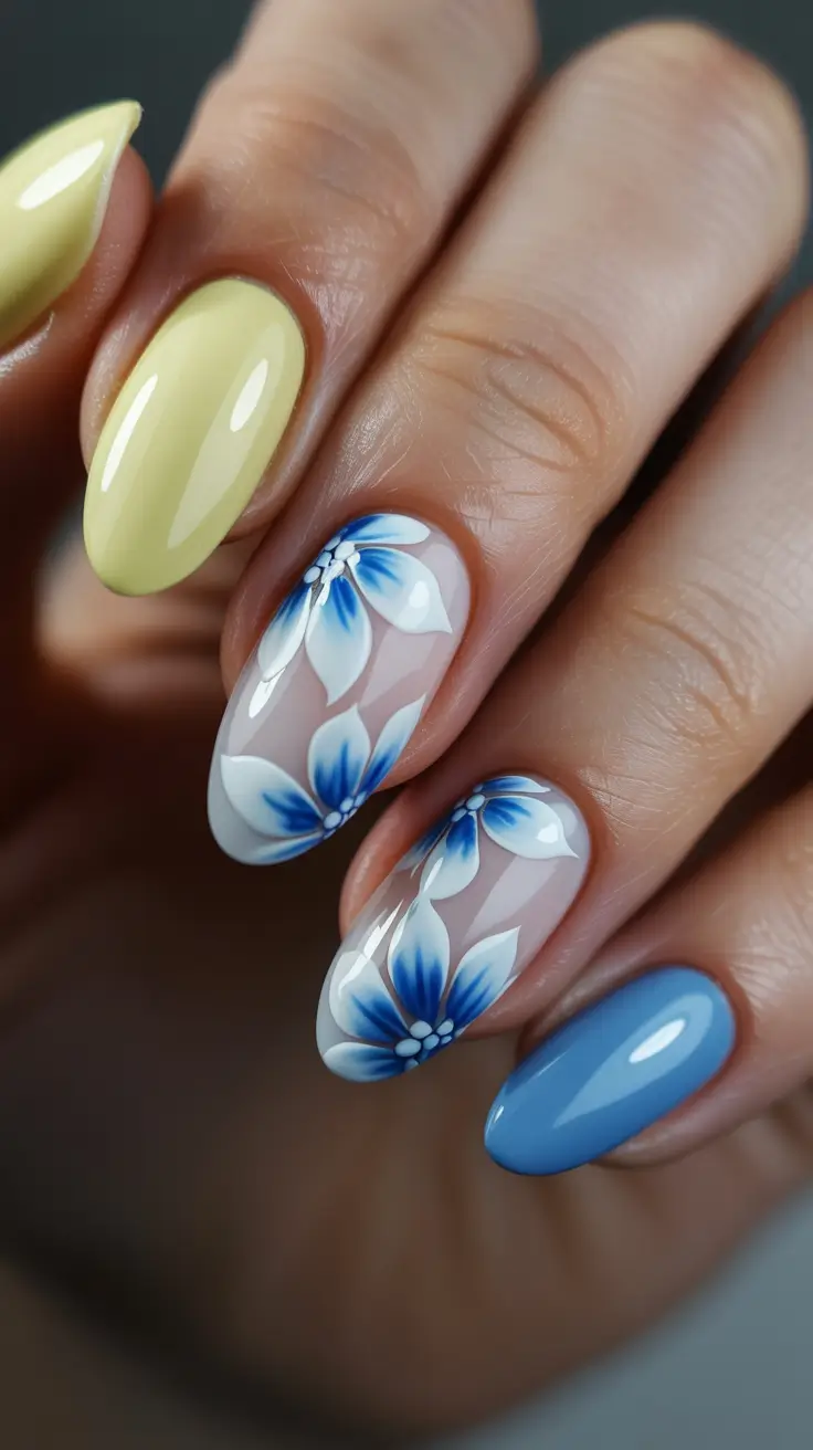 stylish early spring nails 2026 Porcelain blue floral elegance