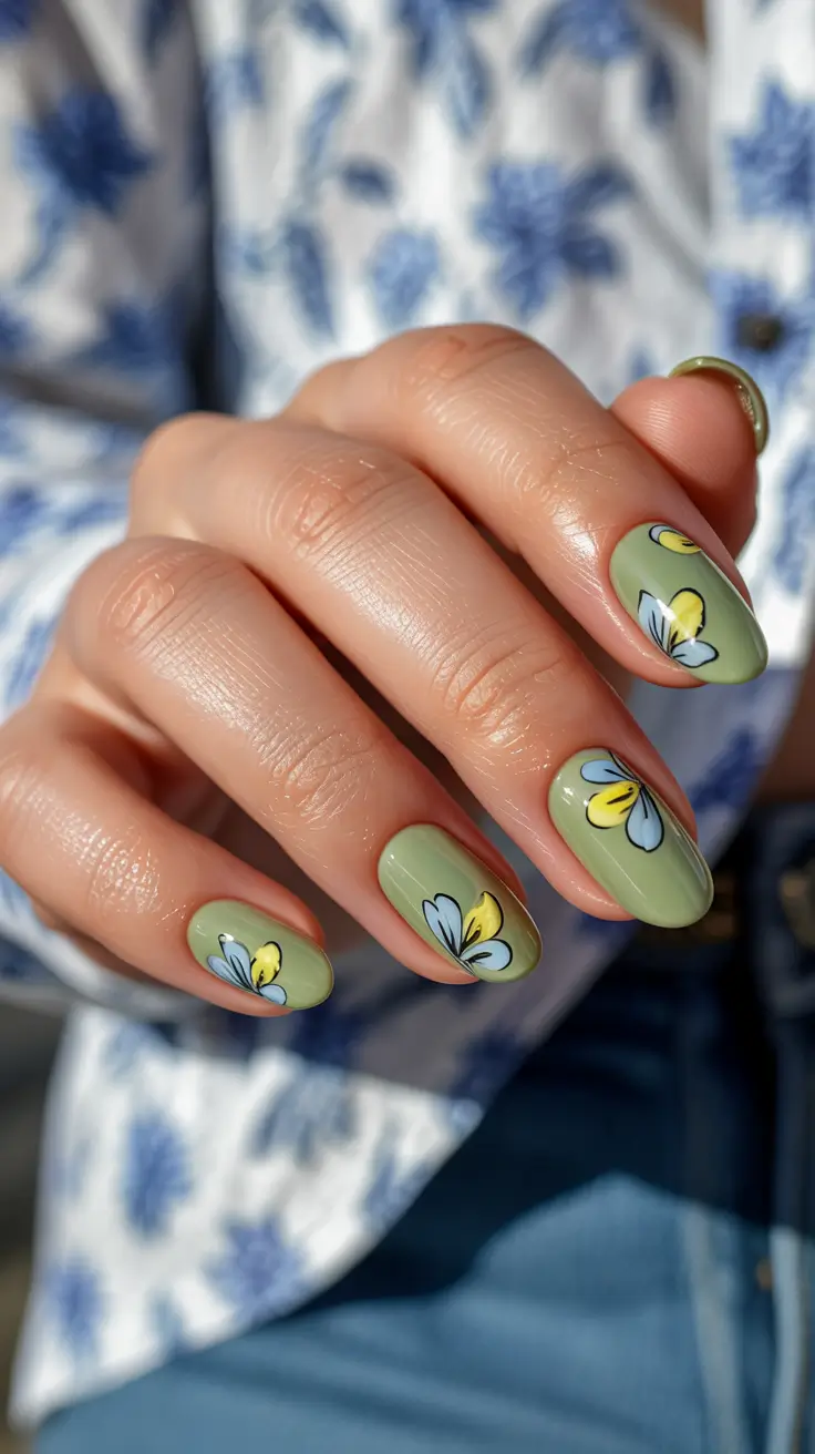 stylish early spring nails 2026 Muted botanical elegance in sage tones