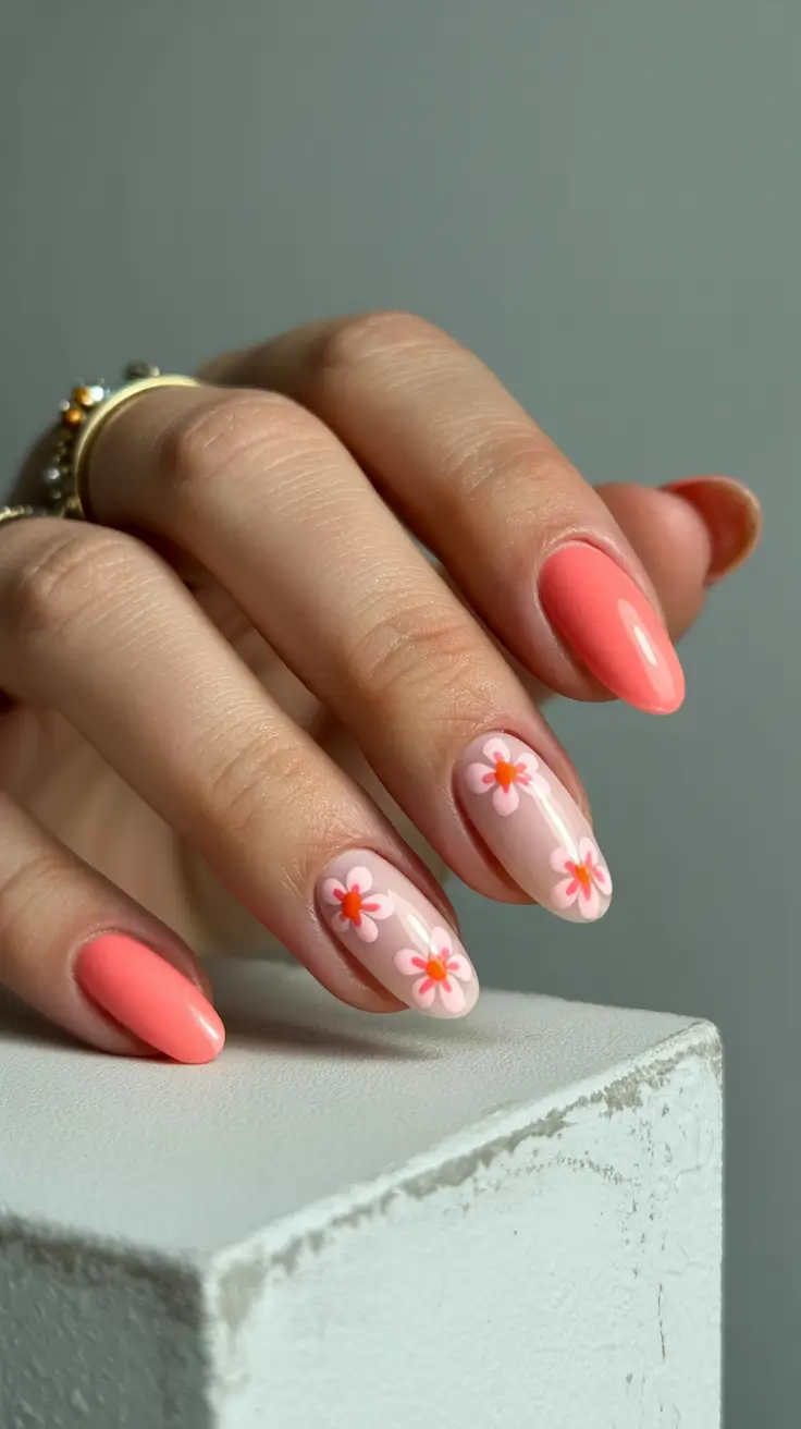 stylish early spring nails 2026 Coral blossom minimal romance