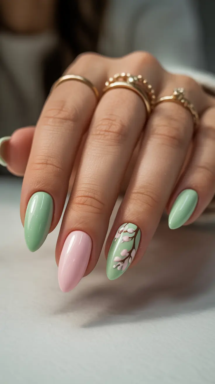stylish early spring nails 2026 Mint blossom branch serenity
