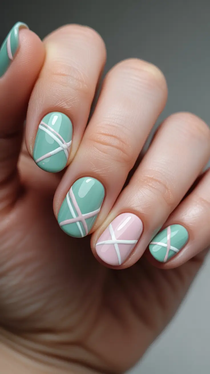 stylish early spring nails 2026 Soft plaid pastel harmony