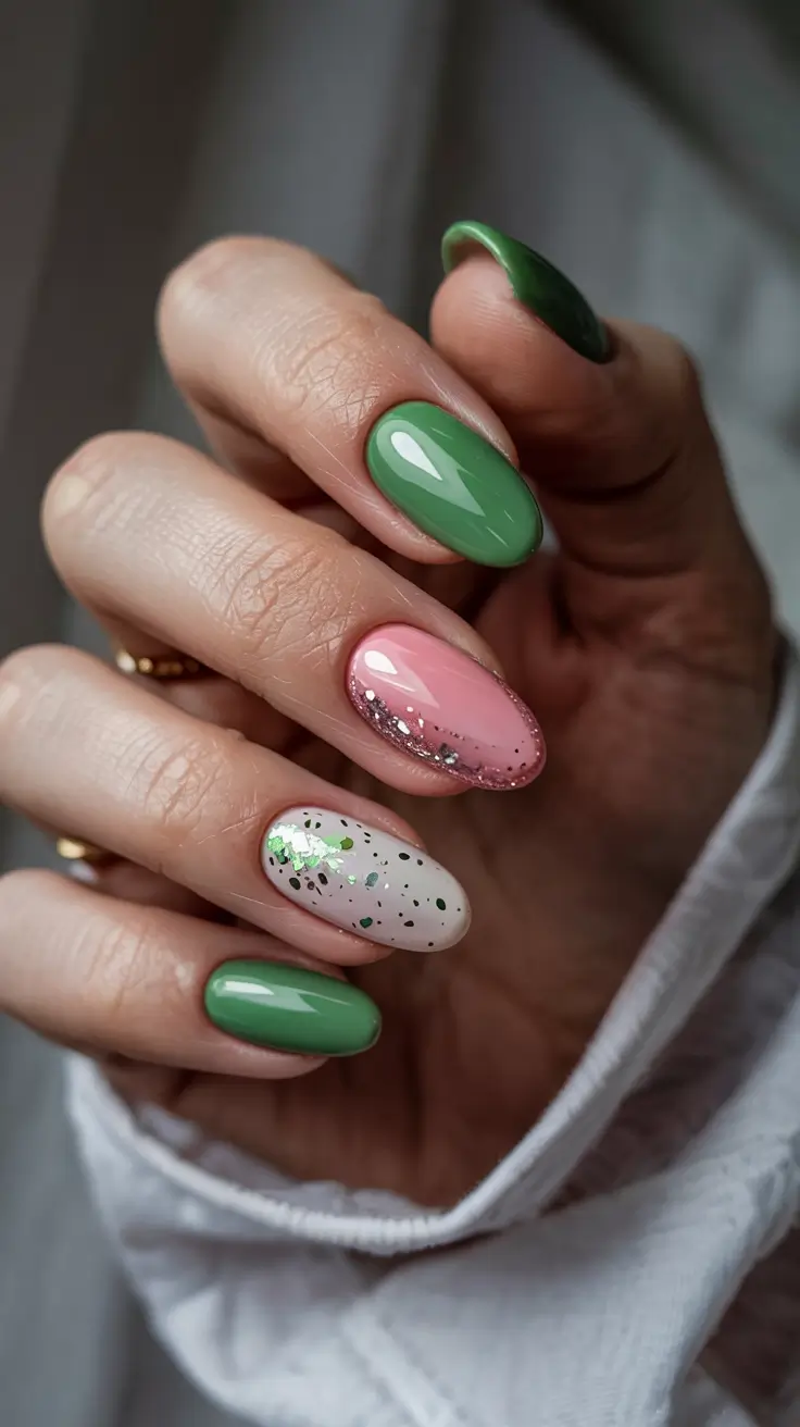 stylish spring almond nails 2026 Fresh Garden Mix - Playful Green and Soft Pink Almond Nails