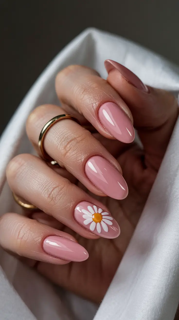 stylish spring almond nails 2026 Soft Pink Daisy Accent - Romantic Floral Almond Nails
