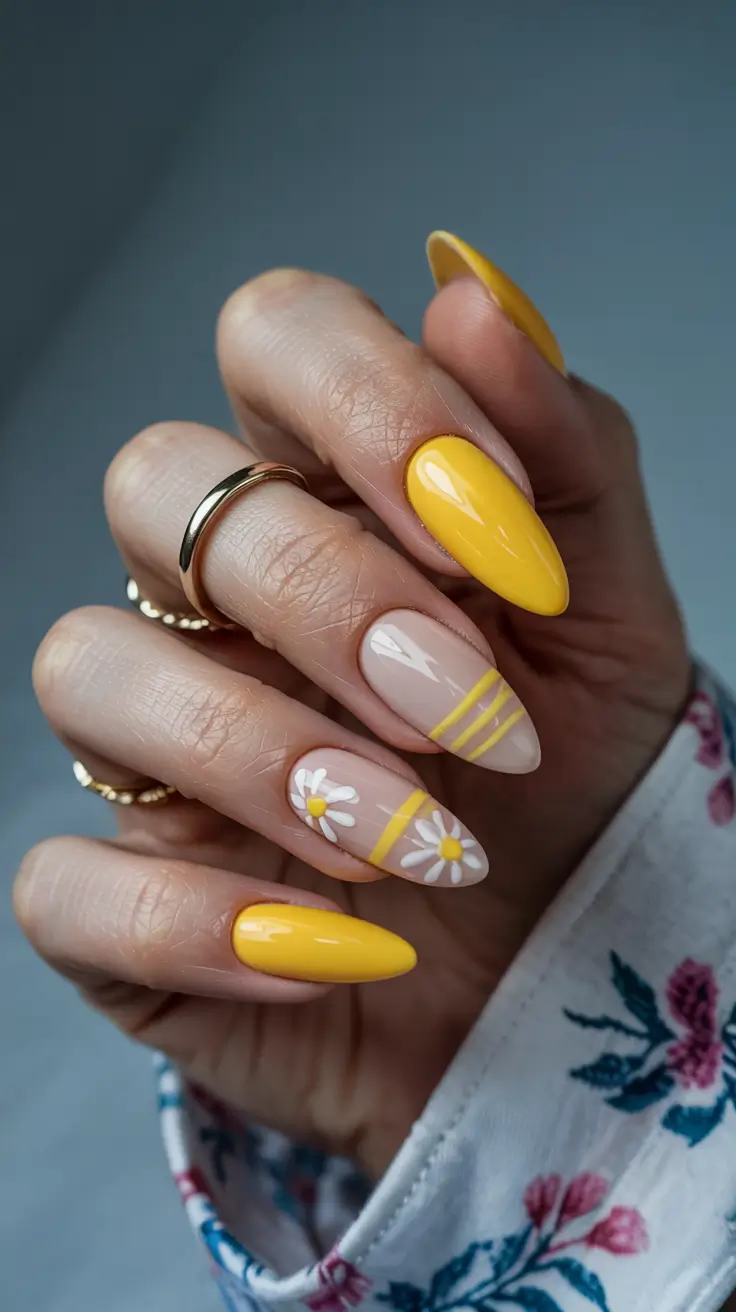 stylish spring almond nails 2026 Sunny Meadow Lines - Yellow Daisy Almond Composition
